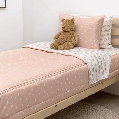 Image of Beddy's Rainbow Theme Durable Zipper Bedding for Kids - Bed in a Bag - White Rainbow Sheets & Peach Comforter - Includes Pillowcase & Sham - Easy to Make & Wash - Twin