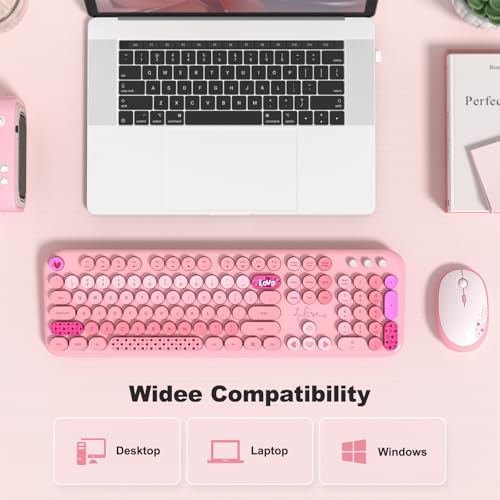 Image of Wireless Keyboard and Mouse Combo, MOWUX Full Size Typewriter Retro Round Computer Keyboard, Cute Optical Mouse Wireless, Plug and Play, for Laptop, PC, Computer- Pink Heart