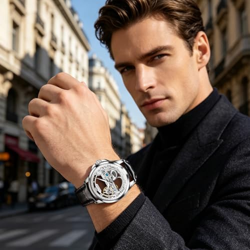Image of OLEVS Skeleton Watches for Men Automatic Self Winding Mechanical Luxury Dress Leather Waterproof Luminous Men Wrist Watch