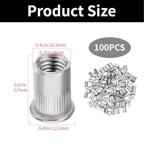 Wjelet 100 Stück Nietmuttern M8, Edelstahl A2 V2A Hülsenmutter, Blindnietmuttern, Flachkopf-Gewindeeinsätze, Einnietmuttern für Metall,Stahl,Glasfaser,Kunststoff