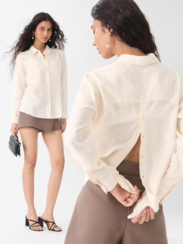 Image of The Souled Store Textured Shirt: Women and Girls Full Sleeves Spread Collar Solid Textured Viscose Nylon Relaxed Fit Lightweight Summer-Ready Casual Wear Shirts