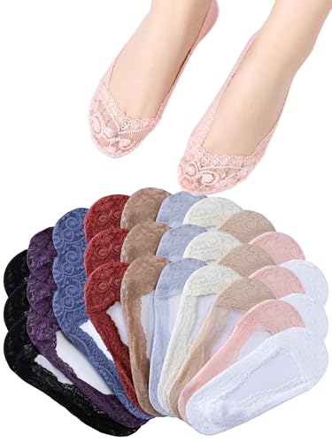 Image of 10 Pairs Womens Lace Ankle Socks Non Slip Low Cut and No Show Lace Socks Sets for Loafers Flats