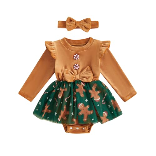 Image of Bonangber Newborn Baby Girl Christmas Outfit Stars/Gingerbread Man Long Sleeve Romper Dress Tulle Onesie Cute Winter Clothes