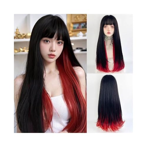 Perruque synthétique longue lisse avec frange pour masquer la perte de cheveux facilement