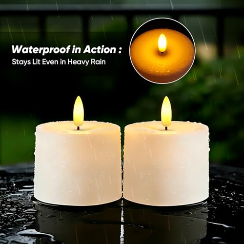 Image of Raycare 3 inchx2.5 inch White Outdoor Waterproof Flameless Candles with Remote and Timer, Realistic LED Candles, Battery Operated Electric Fake Pillar Candles for Porch, Patio, Garden, Set of 2