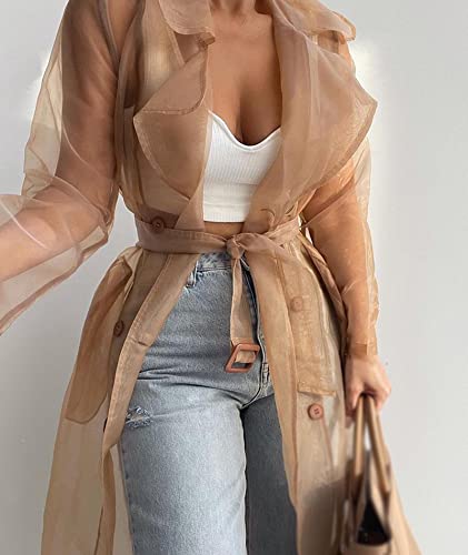 SOMTHRON Women's Sheer Mesh Long Sleeve Jacket Summer See Through Belted Button Down Lightweight Cardigan2