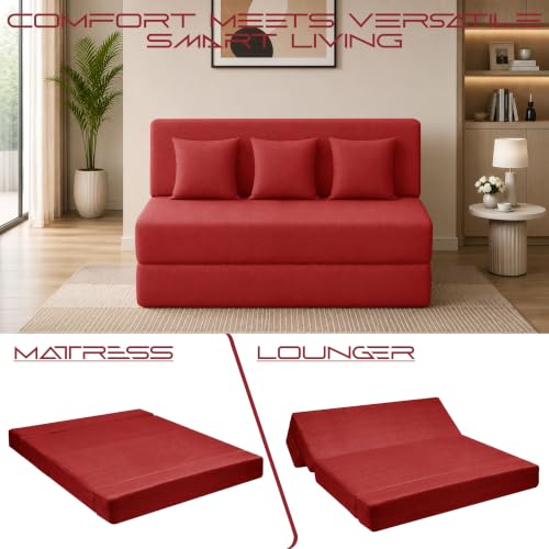 Image of Los Angeles Foldable Three Seater Sofa Cum Bed, Sofa Bed 5 X 6 Feet Jute Fabric Washable Cover- Including Cushion Perfect for Living Room - Red Color