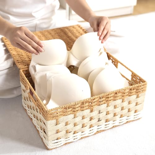 Image of HOKIPO Baskets for Clothes with Lid Set of 2 (Large & X-Large) | Foldable Cloth Storage Basket for Wardrobe | Storage Box with Metal Frame & Handles | Closet Organizer Basket for Clothes (AR-6164)