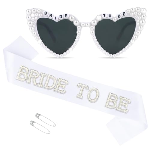 BAHABY White Bride to Be Sash & Heart Sunglasses Set Bachelorette Party Decorations Bridal Shower Engagement Party Decorations by BAHABY - Used condition - US$8.07