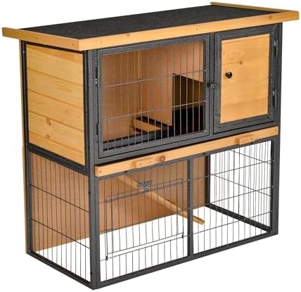 PawHut Conejera de Exterior de Madera Jaula para Mascotas Pequeñas 2 Niveles con Rampa Bandeja Extraíble Puertas con Cerraduras 89,5x45x81 cm Madera y Gris