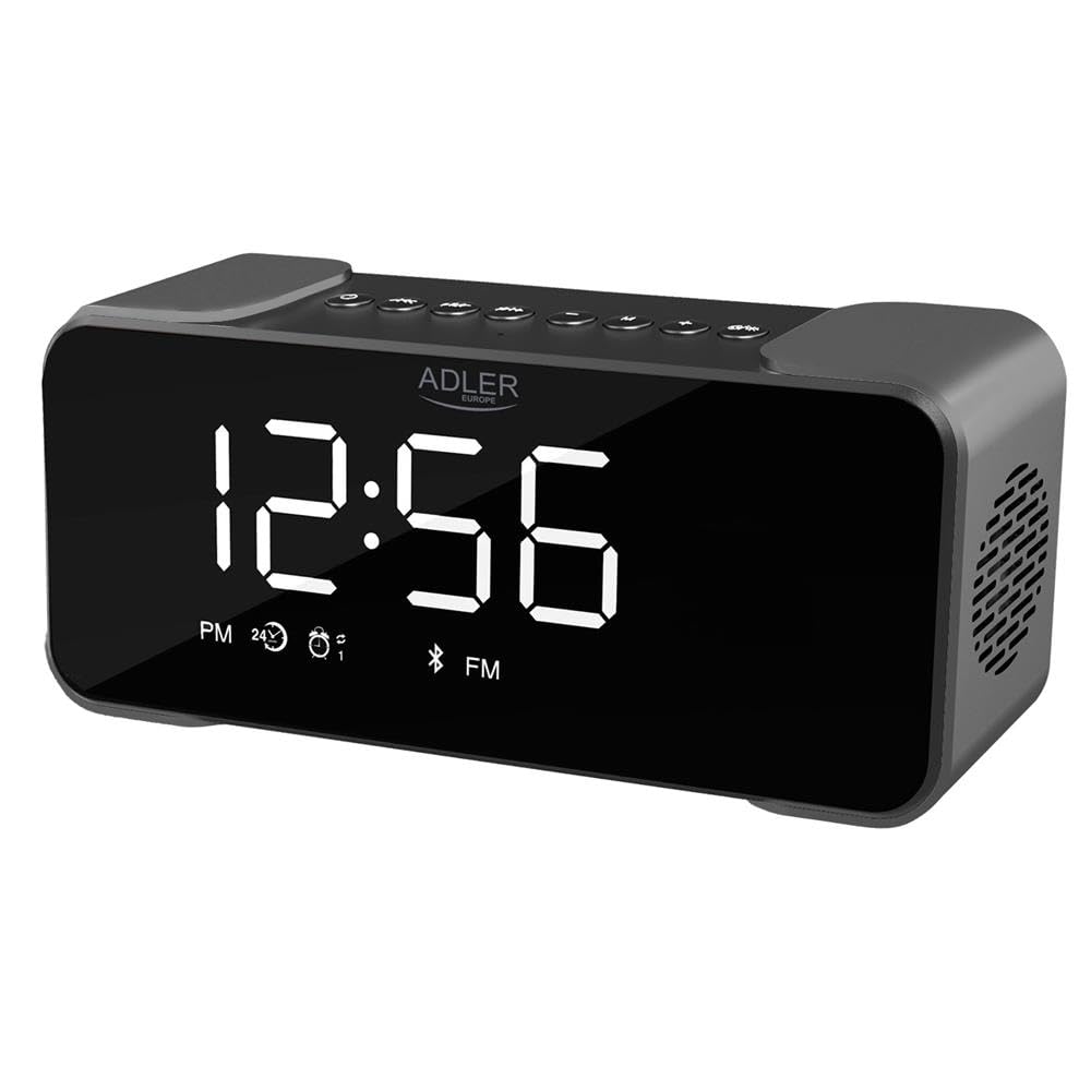 Adlereurope AD 1190 Kabelloser Radiowecker - FM, 3 Weckermodi, LED-Display, Bluetooth 5.0, AUX/SD, 1800 mAh Akku, Spiegeloberfläche, 24/12-Stunden-Uhr, Silber/Schwarz