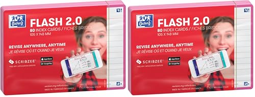 Oxford Flash 2.0-80 Fiches Bristol Flash Cards A6 (10,5 x 14,8cm) Ligné Cadre Fuchsia (Lot de 2)
