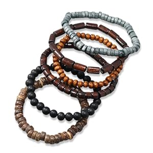 Beaded Bracelets for Men Six Piece Handmade Wooden Bead Stretch Bracelets for Daily Wear and Office Use
