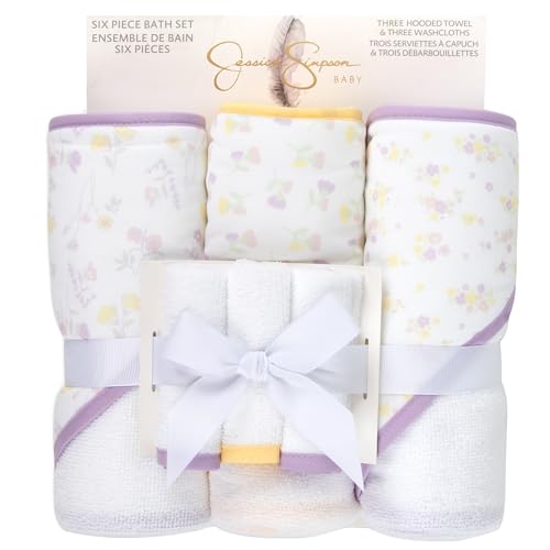 Image of Jessica Simpson Baby 6-Piece Hooded Towel & Washcloth Set - Soft Polyester Baby Bath Towels - Butterfly & Lavender Floral Prints