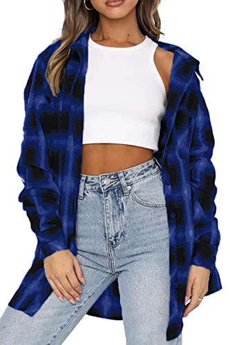 Image of CHYRII Womens Button Down Flannel Shirts Long Sleeve Plaid Shackets Business Casual Blouse Top