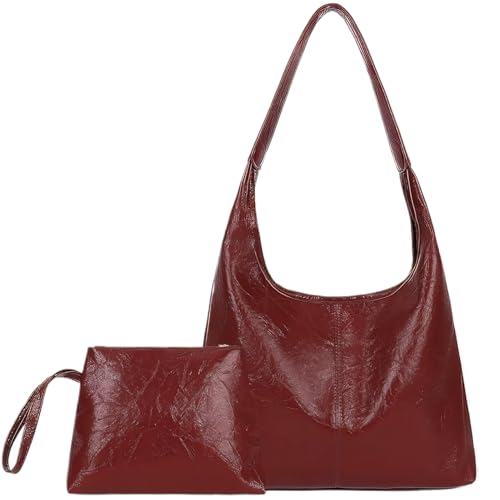 Sac seau rouge vin pour femme grand sac bandoulière en cuir rétro chic