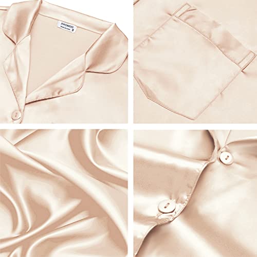 Image of SWOMOG Long Sleeve Pajamas Set Silk Satin Sleepwear Button Down Pjs Loungewear with Pocket