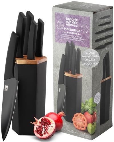 Taylors Eye Witness 5 Piece Knife Block Set – Razor Sharp Black Kitchen Knives with Stylish Hexagonal Block. Stainless Steel Precision, Scratch-Resistant Coated Blades with Soft Touch Handles