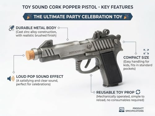 Image of Toy Cork Popper Pistol, Loud Pop Sound Effect, Reusable Party Celebration Prop, Metal and Plastic Body, Compact Size- Silver