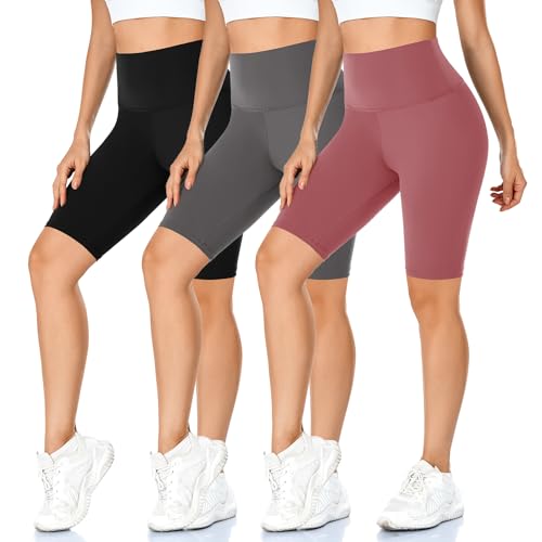 Image of MOREFEEL 3 Pack 8 inch High Waisted Biker Shorts for Women, Casual Summer Knee Length Tummy Control Running Athletic Yoga Shorts