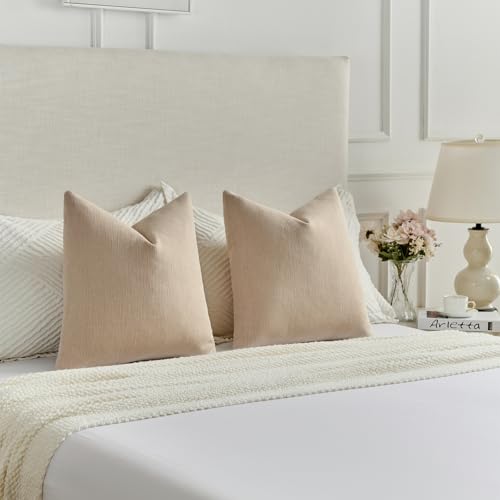 FUTEI Dusky Pink Chenille Decorative Throw Pillow Covers 22x22 Inch Set of 2,Soft Cozy Faux Linen Textured Cushion Case,Farmhouse Home Decor for Couch Living Room