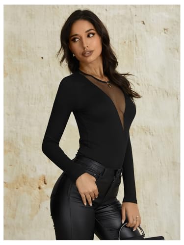 OYOANGLE Women's Slim Fit See Through Contrast Mesh Long Sleeve Tee Tops4