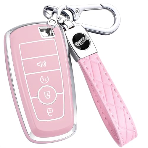 Key Fob Cover for Ford - Premium Soft TPU Shell Full Protection Case with Keychain Fits Bronco Sport Maverick Ranger Explorer Expedition Escape Edge Mustang F150 F250 F350 Fusion Pink 4-Button