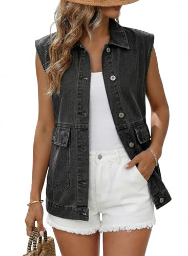 Dokotoo Denim Vest Womens Fashion Sleeveless Button Down Jean Vest Tops for Women Western Cowgirl Outfits Denim Jackets Outwear Long Vests for Women Jean Jacket Dark Grey Small