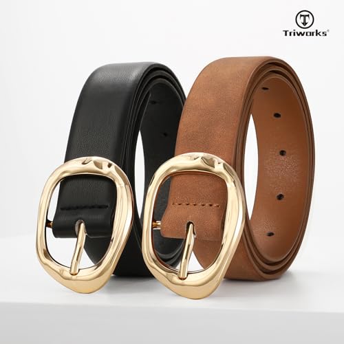 Image of TRIWORKS 2 Pack Leather Belts for Women Fashion Waist Belt with Liquid Shapes Women Belt for Jeans Pants Dresses