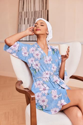 Image of Ekouaer Robes for Women Waffle Knit Bathrobe Soft Lightweight Knee Length Loungewear S-XXL