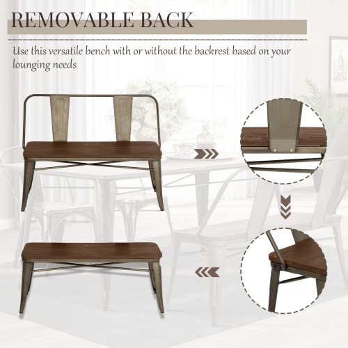 Yoleny Dining Bench, Entryway Bench With Back, Farmhouse Metal Dining Bench, Industrial Mid-Century 3 Person Rustic Spindle Bench, With Wood Seat, Removable Backrest, 42In, Bronze #TOP3