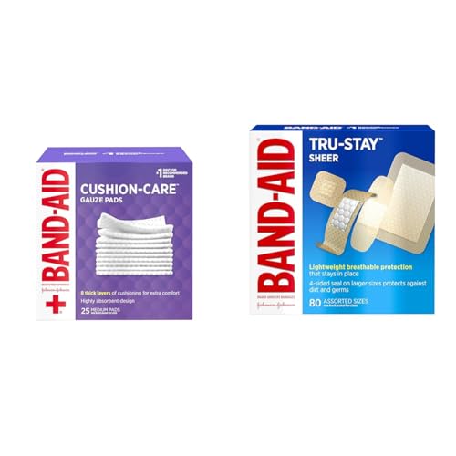 Band-Aid Brand Cushion Care Non-Stick Gauze Pads, 25 Count and Tru-Stay Sheer Strips Adhesive Bandages, 80 Count