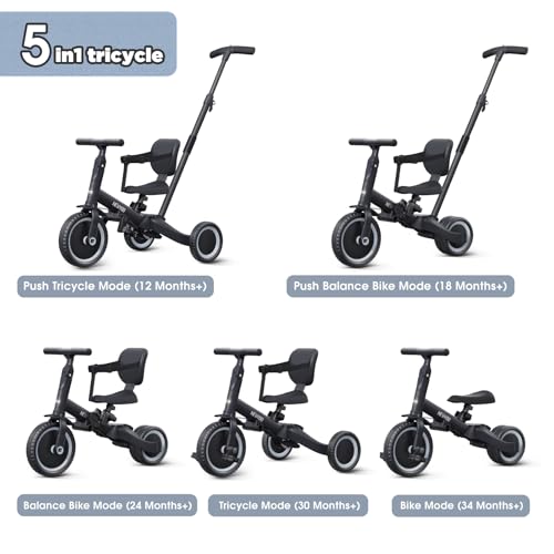 Image of newyoo Toddler Bike, Tricycle w Push Handle for 1-3 Year Old, Birthday Gifts and Toys for Boy's and Girl's Birthday, Convertible 5 in 1 Baby Balance Bike, Kids Outdoor Riding Toys, Black, TR007