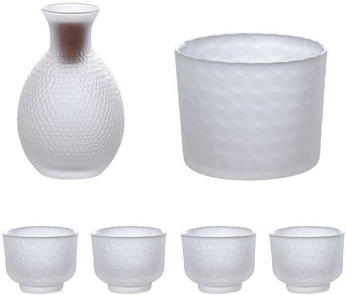 Glass Sake Set of 6 Pieces,270Ml Sake Bottle and 4 Sake Cups 1 Sake Tank,Cold/Warm/Hot Sake Carafe Home Decor Crafts (B)