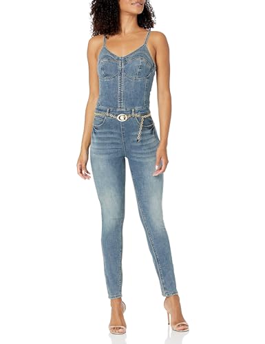 GUESS Womens G-Belt Jumpsuit, Lunar Blue Wash, Large