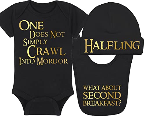 Image of LOTR Baby Onesie, Hat and Bib - One Does Not Simply Crawl Into Mordor - Halfling - What About Second Breakfast (0-3 Month - Black Fabric - Gold Design)