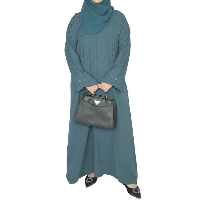Elegant Closed Abaya with Decorative Buttons and Pleat Work on Sleeves and Back, with Matching Head Scarf, Party/Everyday/Office Wear-image-2