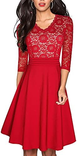 HOMEYEE Women's Chic V-Neck Lace Patchwork Flare Party Dress A062
