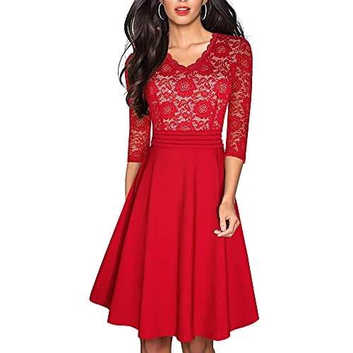 homeyee women's chic v-neck lace patchwork flare party dress a062 HOMEYEE Women's Chic V-Neck Lace Patchwork Flare Martinique