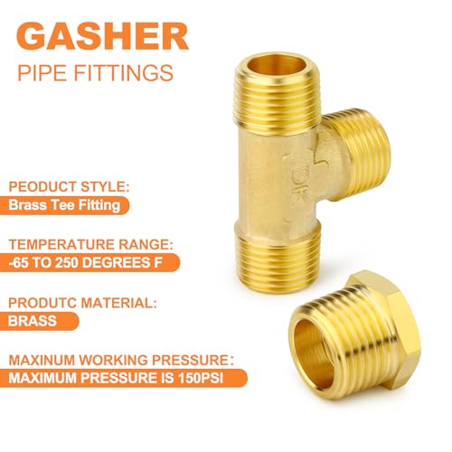 Image of GASHER 2PCS Brass Male Tee Pipe Fitting T Adapter, 3 Way Brass Fitting 1 /2 inch x 1 /2 inch x 1 /2 inch NPT T Fitting