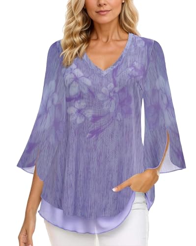 Timuspo Tunika Damen Große Größen Lässig Rundkragen Chiffon Bluse Elegant Halbärmel Top Sommer Hellviolett XL
