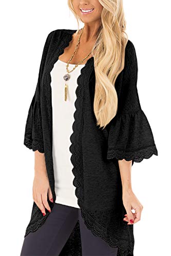 Womens Beach Sheer Lace 3/4 Bell Sleeve Cover Up Open Front Solid Color Summer Kimono Cardigan Black XL