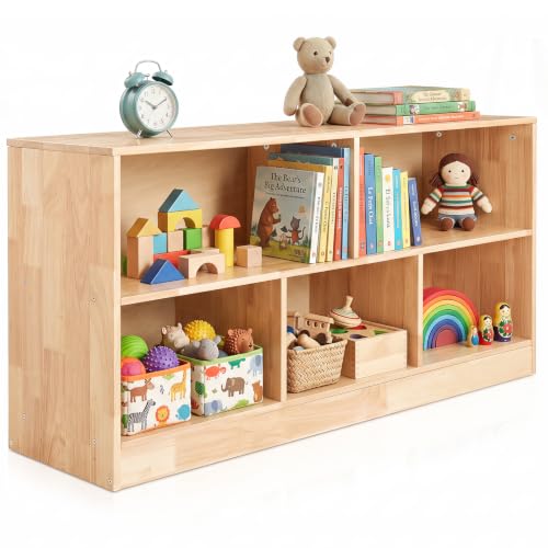Image of Solid Rubber Wood Kids Storage Cabinet, 5-Section Toddler Montessori Bookshelf, Kids Organizer for Classroom, Playroom, Kindergarten, Large Size