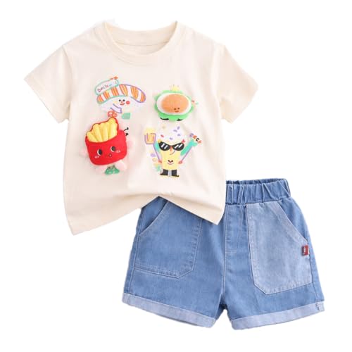Image of Bold N Elegant Half Sleeve Pure Cotton Baby Boy Girl 3D Burger French Fries Cartoon Snack T-Shirt with Denim Shorts Smart Casual Outfit for Infant Toddler Kids Upto 5 Years