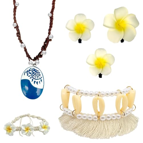 OptiPlay Moana Collana, 6 Pezzi Moana Costume Accessori, Set di Gioielli Accessori per Abiti da Moana, Collana da Moana Principessa, Cavigliera com Conchiglia Moana