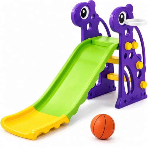 Image of Storio Giraffe Slide for Kids with Basketball Hoop | Indoor Outdoor Toddler Climber Playset for 2+ Years | Safe & Sturdy Plastic Garden Slide Toy for Boys & Girls - Green Purple Yellow