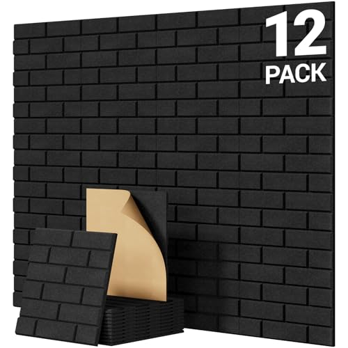 TONOR 12 Pack Acoustic Wall Panels Self-adhesive, 11.8*11.8*0.35 Brick Pattern Sound Proofing Panels, 3D Wall Panels for Echo Absorption, Decorative Sound Barrier for Recording Room, Studio, Black