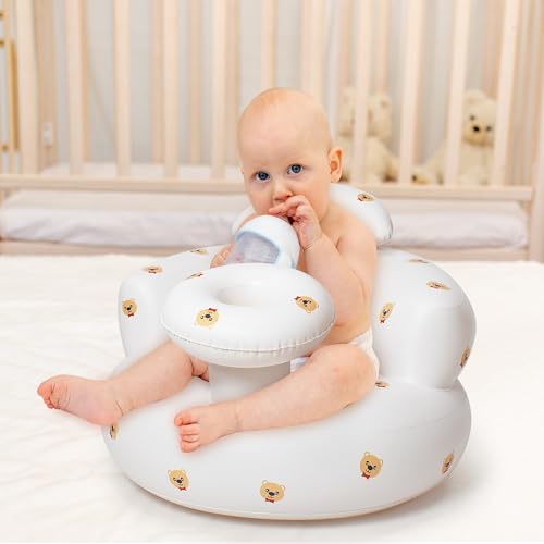 Image of Inflatable Baby Seat, Bear Portable Inflatable Infant Chair for Baby 3 Months and Up, Floor Seater Support Seat with Built in Air Pump for Kids Learning to Sit Feeding Shower