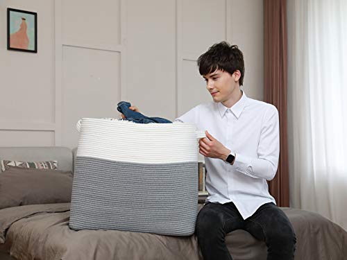 24"X16"X20" Mega Size Rectangular Extra Large Storage Basket, Cotton Rope Storage Baskets, Woven Laundry Hamper, Toy Storage Bin, For Toys Blanket In Living Room, Baby Nursery, Grey Rectangular Basket #TOP7