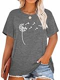Picture of HDLTE Women's Plus Size Shirt Dandelion Print Short Sleeve Casual Tee Tops (Grey, 1X)